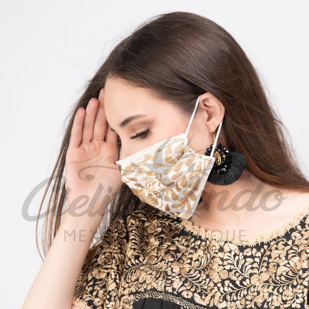 Mexican Handmade Embroidered Cream Face Mask - Picture 2 of 7